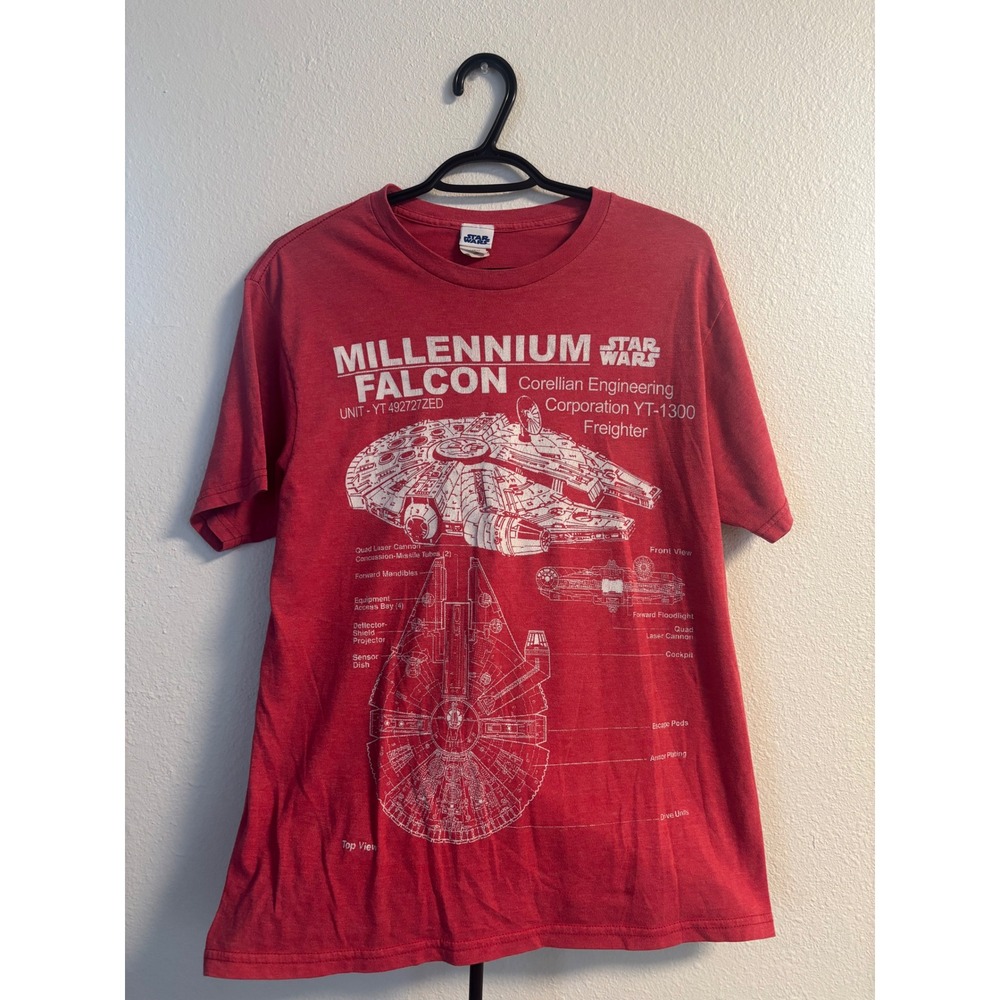 Star Wars Millennium Falcon Blueprint Graphic T-Shirt Red Mens Medium YT-1300